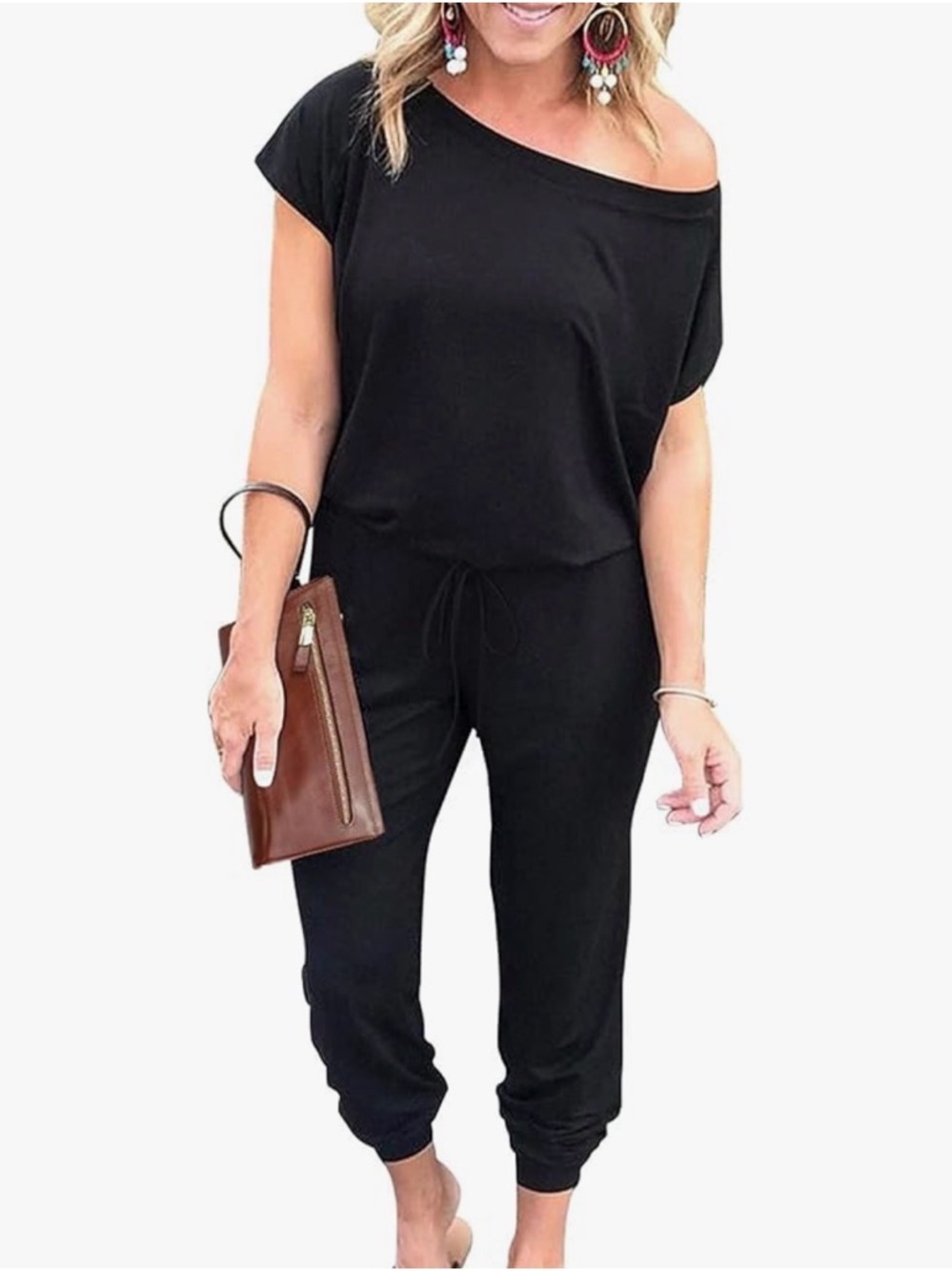 Off-Shoulder Black Casual Jumpsuit with Drawstring Waist